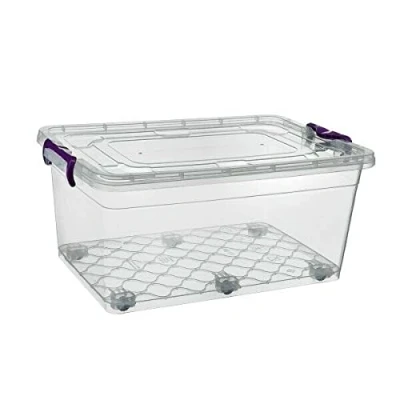 Image of Plastic Storage Boxes on Wheels Container Home Office Lockable Lid Stackable Box (60L)