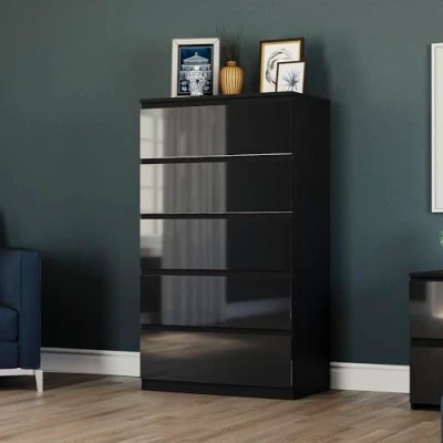 Image of Vida Designs 5 Drawer Chest for Clothes Closet Organizers and Storage Cabinet Hallway, Entryway, Bedroom, Living Room (Black, High Gloss)