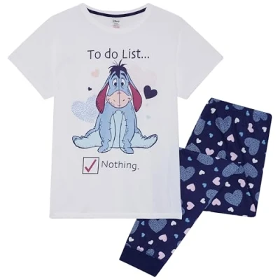 Image of Eeyore Womens Long Pyjama Set, 100% cotton Licensed Winnie the Pooh Gift UK 8 10 White