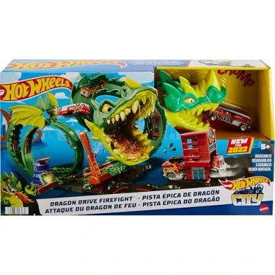Image of Hot Wheels Track Set with 1:64 Scale Toy Firetruck, City Fire Station Dragon Nemesis and Play, Drive Firefight, HDP03