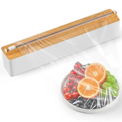 Image of Quasziwa Magnetic Cling Film Dispenser and Cutter Refillable Clingfilm &amp; Aluminum Tin Foil Wall mounted, Plastic Wrap Organizer for Kitchen Drawer Fits 12&quot; Roll, Woodgrain