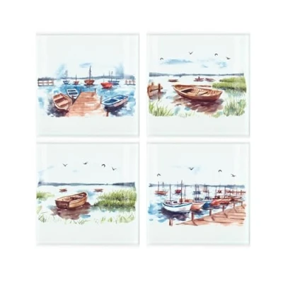 Image of Seaside Boats Coaster Set Square Glass Painted Sailing/Row of Four (4) Coasters