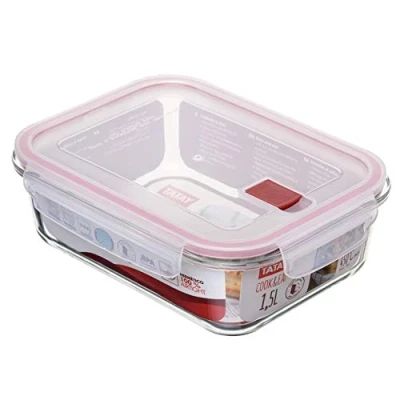 Image of TATAY Glass Food Storage, Airtight, 1.5L of Capacity, Clip Lid, BPA free, Suitable Microwave, Dishwasher, Oven &amp; Freezer. Red. Measures: 17.7 x 23x 7.6 cm