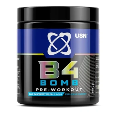 Image of USN B4 Bomb Energy Drink Powder, Blue Raspberry 300g, with Vitamin B12 &amp; B6, Creatine, Caffeine Zynamite for Stamina Explosive Energy, Glucose Free, No Added Sugar, Quality Dietary Supplement