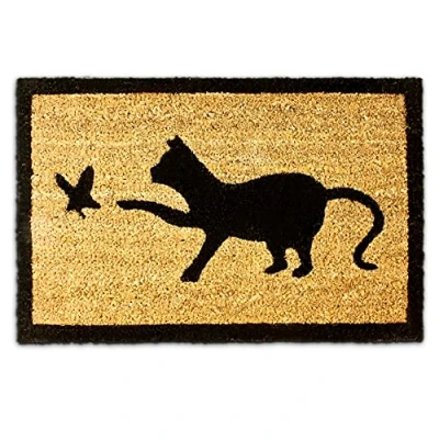 Image of Relaxdays Coir Doormat Cat 40 x 60 cm of a and Bird Welcome Mat Anti Slip Rubber PVC Underside, Brown