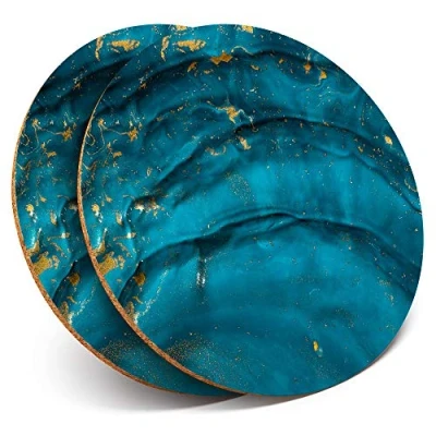 Image of 2 x Round Coasters Blue Teal Turquoise Ink Art Cork Backed Home Kitchen Accessory Tea Coffee Mug Mat #2094