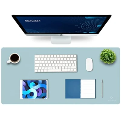 Image of K KNODEL Leather Desk Mat, Office Pad, Large Mouse Keyboard Computer and Laptop Mat for Desk, Protecor Desktop Writing, Blotter Cover (90x43cm, Light Blue)