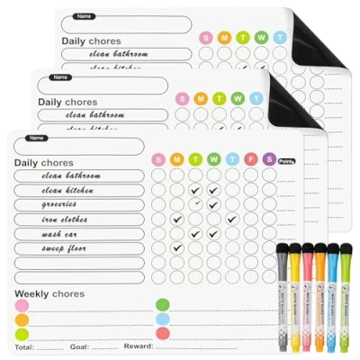 Image of 3 Pcs Magnetic Chores Chart for Kids with 6 Fine Tip Markers, Weekly Planner Whiteboard, Reward Charts Chore Kids, Reusable Children Behaviour