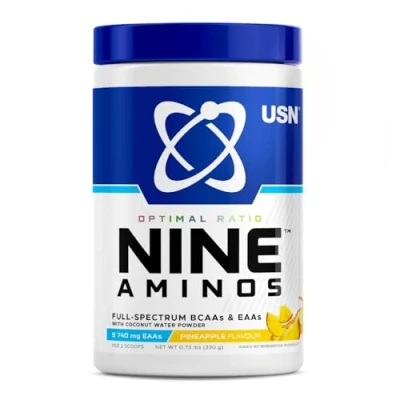 Image of USN Nine Aminos BCAA Amino Acids &amp; EAA Essential Powder with Added Magnesium Coconut Water to Support Recovery and Hydration. Pineapple Flavour (330g 30 Servings)
