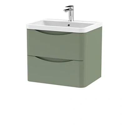 Image of Wall Hung 2 Drawer Vanity Basin Unit with Polymarble Basin, 600mm Satin Green
