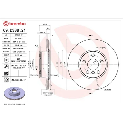 Image of 34106879287, 34106880060 Brake disc BREMBO 09.D338.21 307mm 24mm 5 internally vented Coated High carbon