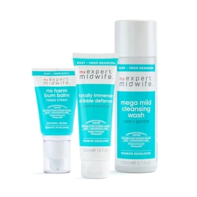 Image of My Expert Midwife Newborn Baby Mega Mild Skincare Essentials Kit with Cleansing Body Wash, Moisture Milk Cream and No Harm Bum Balm Nappy (Pack of 3)