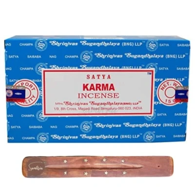 Image of Satya Nag Champa Karma incense sticks x12 pack with SAMASIA holder Used for Kaomatherapy, Spa, Yoga, Weddings, Meditation, Healing, Positivity and Relaxation