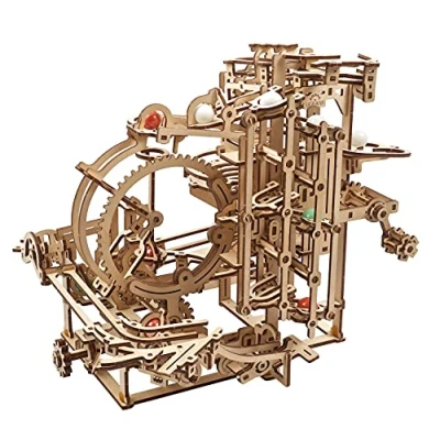 Image of UGEARS Wooden Marble Run Kit 3D Puzzle Wood Stepped Hoist with 3 Lift Mechanism and 10 Marbles Kinetic DIY Puzzles Adults
