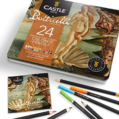 Image of Castle Arts Themed 24 coloured Pencil Set in Tin Box, perfect ‘Botticelli’ inspired colours. Featuring quality, smooth cores, superior blending &amp; layering performance for great results
