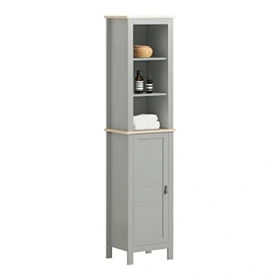 Image of SoBuy BZR68 HG, Bathroom Tall Cabinet Cupboard Storage with 3 Compartments and 1 Door, H169cm