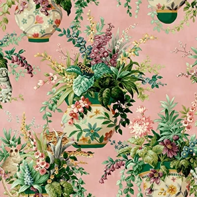 Image of Holden Decor Floral Vase Wallpaper Modern for Living Room, Bedroom, Fireplace Decorative Luxury Wall Paper with Blossoming Flowers &amp; Wildlife, Pink and Green
