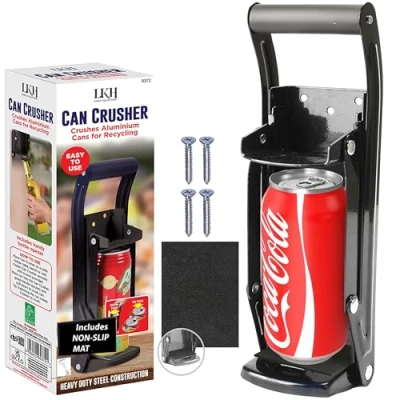 Image of LKH Can Crusher &amp; Bottle Opener (Black) 16 oz Heavy Duty 2 in 1 Tin/Beer for Recycling Wall Mounted Manual Soft Grip Handle Durable Rust Proof