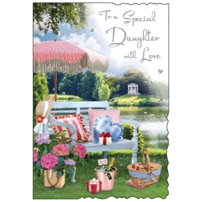 Image of Jonny Javelin Special Daughter Birthday Card Happy with Scenic Champagne Picnic Design and Embossed Foil Details for Women