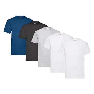 Image of Fruit of the Loom Pack 5 T Shirts, 2 x White + 1 Grey Black Navy HL Kauf Notepad, Size S