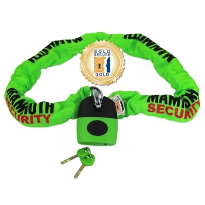 Image of Mammoth Security Motorcycle Lock &amp; Chain Sold Secure Gold Approved 12mm Thick x 1.2m Long Motorbike Scooter Quad Padlock