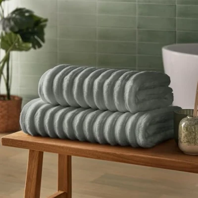 Image of Silentnight Ribbed Cotton 2x Hand Towel Luxuriously Soft &amp; Super Absorbent Deep Thick Pile 100% BCI Textured Dense 90 x 50cm, Machine Washable, Grey, 2 Pack