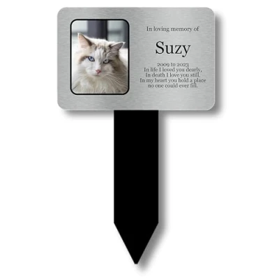Image of Personalised Pet Cat Memorial Stake, Grave Marker or Outdoor Decoration/Ornament for the Garden Available in Silver/Gold/Copper/White (Various Designs) (Silver Photo)
