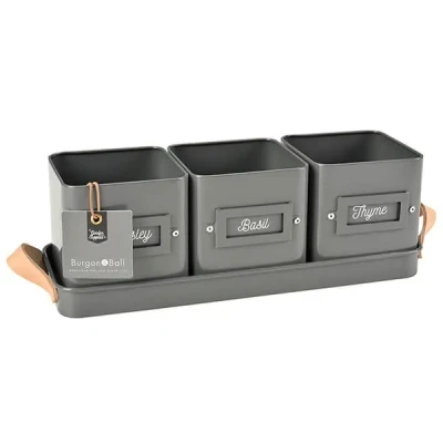 Image of Burgon &amp; Ball 3 Herb Pots in a Leather Handled Tray Charcoal