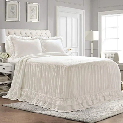 Image of Lush Decor Ella Shabby Chic Ruffle Lace Bedspread White Farmhouse Style Lightweight 3 Piece Set King, Polyester