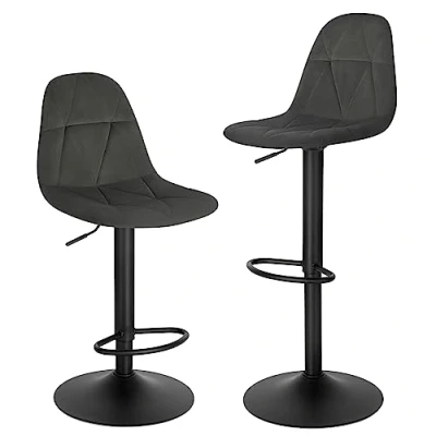 Image of Lestarain Bar Stools Set of 2 Adjustable &amp; Swivel Breakfast Kitchen Counter Pub Dark Grey Soft Velvet Barstools Chairs Dining with Backs Footrest