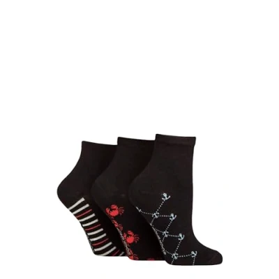 Image of Women&#039;s 3 Pair SOCKSHOP Plain and Patterned Bamboo Ankle Socks Sole Black / Nautical 4 8