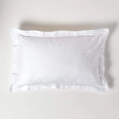 Image of HOMESCAPES White Pure Egyptian Cotton Oxford Pillowcase Standard Size 330 TC 500 Thread Count Percale Equivalent Satin Stripe Pillow Case Pack of 2