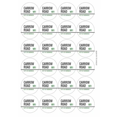 Image of Carrow Road NR1 City of Norwich Sign Circular Matt Paper Stickers A4 Sheet 24 (Each Sticker is 45mm Diameter)