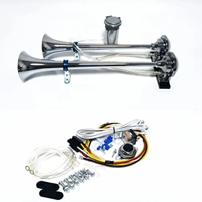 Image of YIYIDA Car Horn, 12V Trumpets High Tone &amp; Low Tone, Silver, 170db Waterproof Chrome Zinc, Double Tube Horn Truck with Air Pump Speaker for SUV Lorry Ship