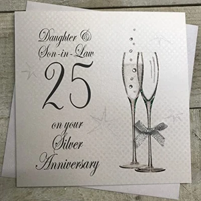 Image of WHITE COTTON CARDS Daughter &amp; Son in Law 25th Anniversary Card, Silver, Champagne Flutes Handmade P25DS