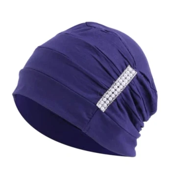 Image of Jewelled Chemo Hair Loss Beanie Hat Scarf Turban Head Wrap Cancer in Navy Headwear for Women