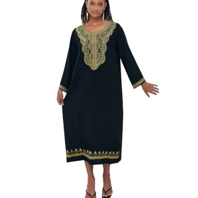 Image of YouKD Wemon&#039;s Summer Cotton Long Kaftan Maxi Dress Bohemian Swimsuit Beach Cover Up Robes A Black