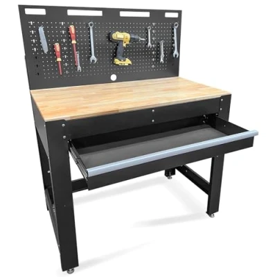 Image of Phoenix Safe Company TW4501B Premium Tool Workbench with rubber wood work surface Suitable for garage table heavy duty steel storage drawer Peg board 10 pegs Capacity 300kg