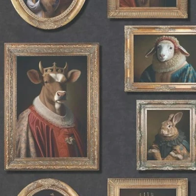 Image of YöL Regal Animals Black Charcoal Wallpaper Elizabethan Vintage Style Frames Stylish Trendy Feature Wall
