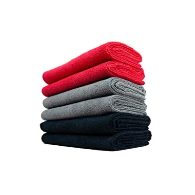 Image of The Rag Company Car Wash Towel Professional Microfiber Auto Detailing and Drying Towels, Lint Free, Streak Great for General Cleaning, 320gsm 16in x 27in Red + Grey Black (Pack of 6)