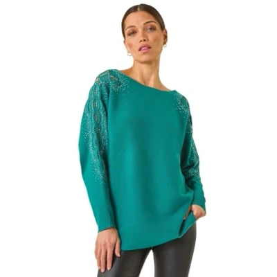 Image of Roman Originals Hotfix Embellished Sleeve Knit Jumper for Women UK Ladies Everyday Autumn Winter Shaped Neckline Comfy Soft Evening Vacation Work Party Night Out Jade Size 16