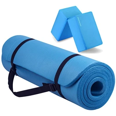 Image of Fitvids All Purpose 1/2 Inch Extra Thick High Density Anti Tear Exercise Yoga Mat with Carrying Strap and Blocks, Blue