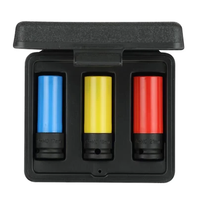 Image of GEDORE Red Power Screwdriver Socket Set with Protective Sleeves, 3 Pieces, 17/19/21 mm, Depth Stop, Colour Coding, Chrome Molybdenum Steel