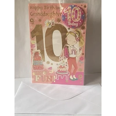 Image of Happy Birthday Granddaughter 10 Have Fun! Card With Badge Age 10th Ten Tenth Cute Girl/Cake/Presents Glitter/Foil Detail(CC7514/01)