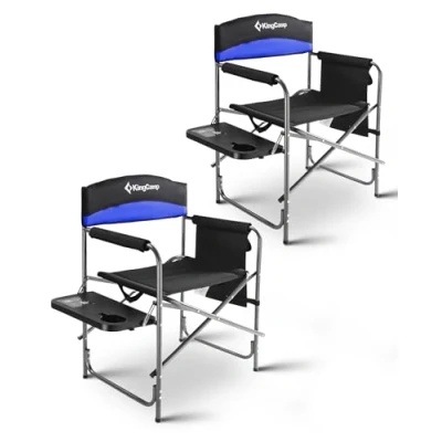 Image of KingCamp Directors Chair Folding Oversize Camping Chairs for Heavy People with Table Padded Seat Set of 2 Supports up to 180 KG (Blue)