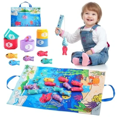 Image of Bambebe Toddler Toys Montessori for 1 Year Old Boy Girl 10 in Cloth Fishing Game Toddlers 3, Educational Learning Stacking Cups Number Counting, Shape Baby Gifts