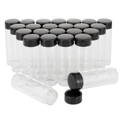 Image of Unxuey 24 pack 30 ml (1 Oz) Clear Glass Vials Sample Bottles with Plastic Screw Black Cap Transparent Lab Cosmetic Container