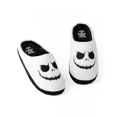 Image of Disney The Nightmare Before Christmas Womens Slippers in White Ladies Jack Skellington Ghost Halloween Footwear Xmas Holiday NMBC Loungewear Slip On House Shoes Nightwear Gift for Her
