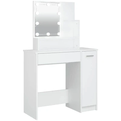 Image of vidaXL Dressing Table in White with LED bulbs Modern, Asymmetrical Design Ample Storage Open Shelves, a Drawer and Side Cabinet, Made of Resistant Engineered Wood