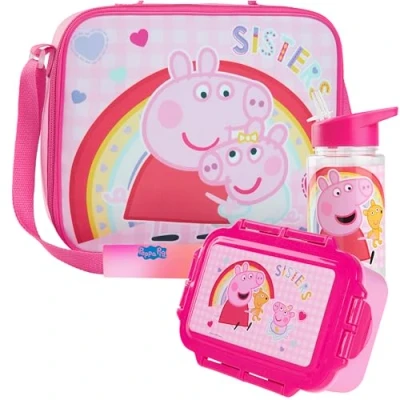 Image of Get Trend Peppa Pig Water Bottle Lunch Bag and Box Kids Set 3 Pcs School Supplies Bento Snack BPA Free Leakproof for Travel (Pink Pig)